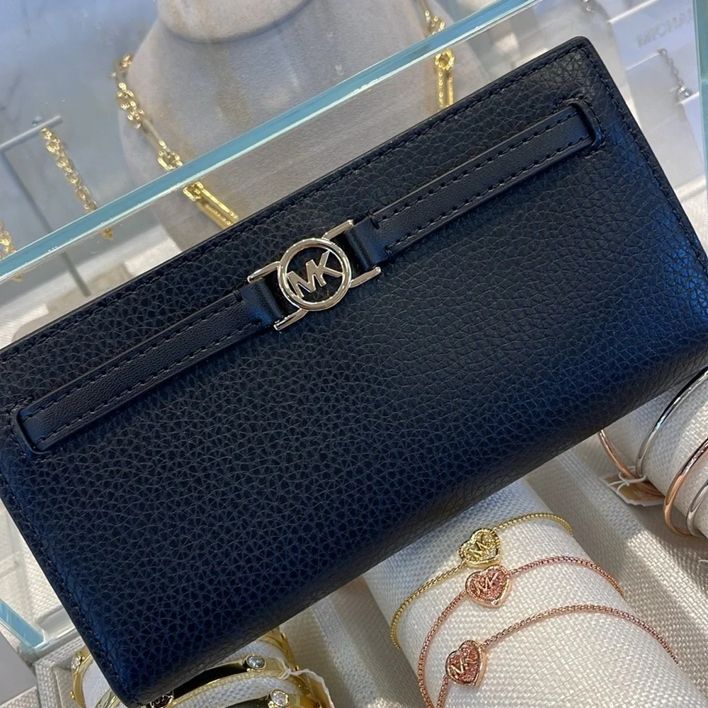 Michael Kors Reed Large Bifold Pebbled Leather Snap Wallet Card Case  Black  NWT
